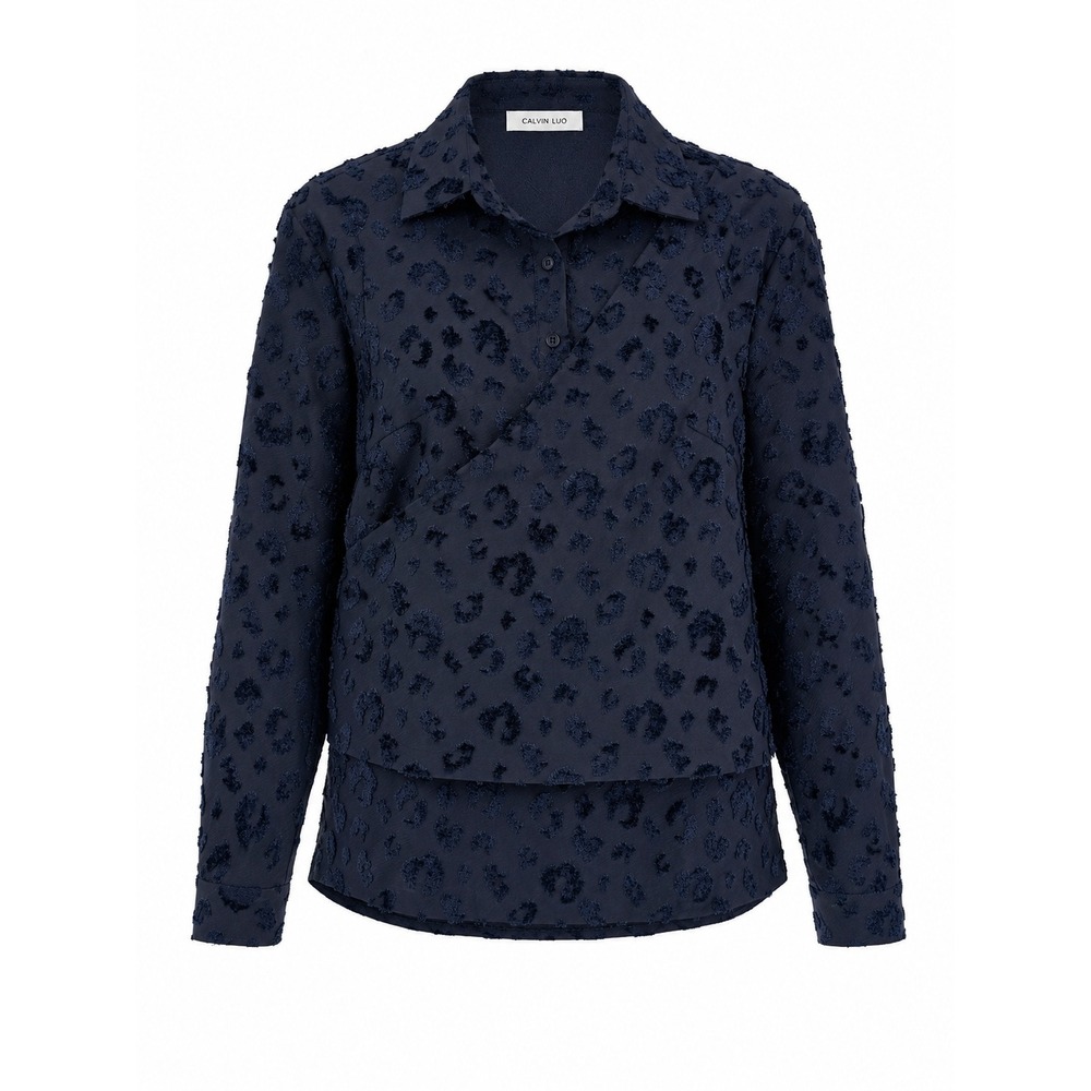 Calvin Luo Faux Wrap Blouse Navy Blue Textured Leopard Print Long Sleeve S